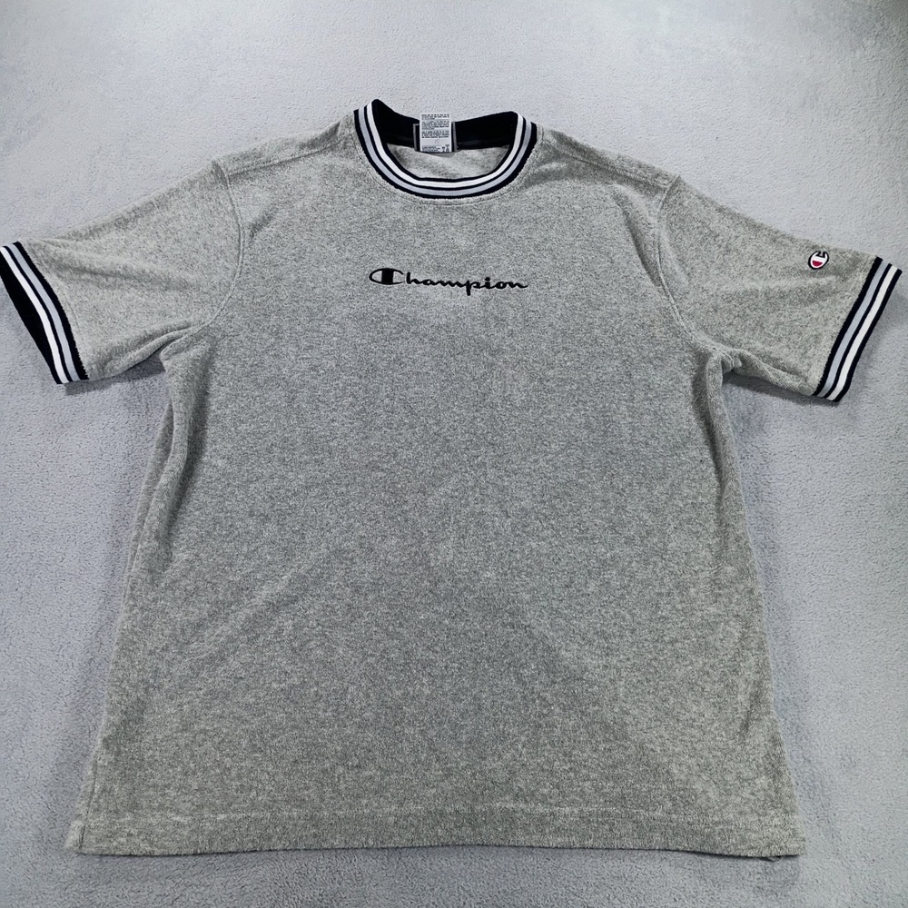 Champion Mens Terry Cloth Ringer T-Shirt Grey Medium Embroidered Logo